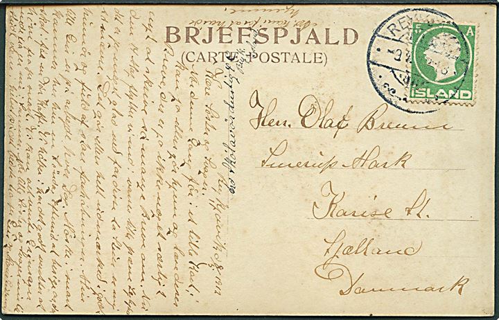 5 aur Chr. IX på brevkort fra Reykjavik d. 9.5.1913 til Karise, Danmark.