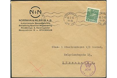 5 öre Svensk Press på tryksag fra Stockholm d. 10.7.1945 til København, Danmark. Dansk efterkrigscensur (krone)/406/Danmark.
