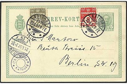 5 øre grøn Fr. VIII enkeltbrevkort opfrankeret med 2 øre rød og 3 øre grå bølgelinie fra Aalborg d. 20.6.1907 til Berlin, Tyskland.