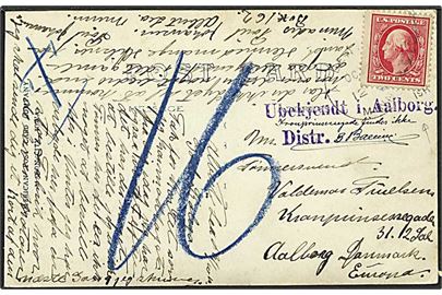 2 cent rød på postkort fra USA til Aalborg. Ubekendt i Aalborg. Påskrevet 16 med blåkridt.