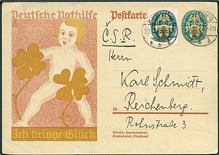 8-7 pfg. illustreret Nothilfe helsagsbrevkort opfrankeret med 8+7 pfg. Nothilfe fra Kettwig d. 20.12.1928 til Reichenberg, Tjekkoslovakiet.
