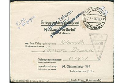 Ufrankeret svardel af dobbelt krigsfange-foldebrev fra Mondovi Piazza d. 7.7.1944 til italiensk krigsfange i Stalag 367, Tschenstochau, Generalgouvernement, Tyskland. Sort lejrcensur no. 28.