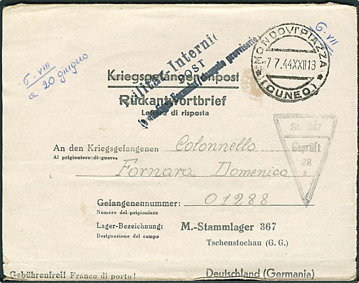Ufrankeret svardel af dobbelt krigsfange-foldebrev fra Mondovi Piazza d. 7.7.1944 til italiensk krigsfange i Stalag 367, Tschenstochau, Generalgouvernement, Tyskland. Sort lejrcensur no. 28.