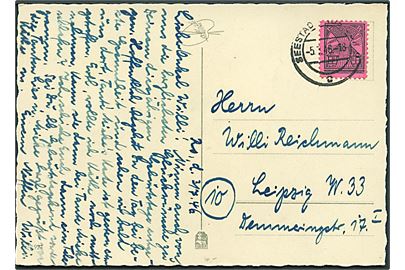 Mecklenburg-Vorpommeren. 12 pfg. lokal udg. på brevkort stemplet Seestadt Rostock d. 5.7.1946 til Leipzig.