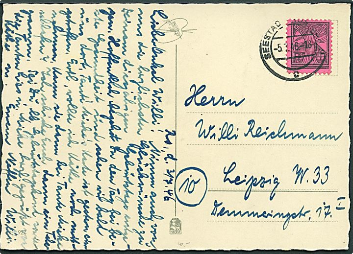 Mecklenburg-Vorpommeren. 12 pfg. lokal udg. på brevkort stemplet Seestadt Rostock d. 5.7.1946 til Leipzig.