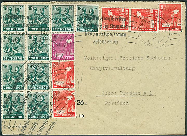 8 pfg. (5), 16 pfg. (10) og 40 pfg. på Zehn-fach frankeret brev fra leipzig d. 25.6.1948 til Dresden.