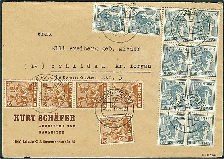 12 pfg. (10) og 24 pfg. (5) på Zehnfach frankeret brev fra Leipzig d. 30.6.1948 til Schildau.