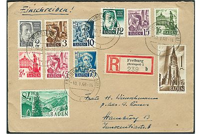 Baden. Blandingsfrankeret anbefalet brev fra Freiburg d. 10.1.1946 til Hamburg.