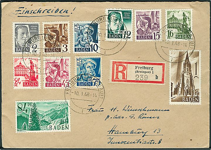 Baden. Blandingsfrankeret anbefalet brev fra Freiburg d. 10.1.1946 til Hamburg.