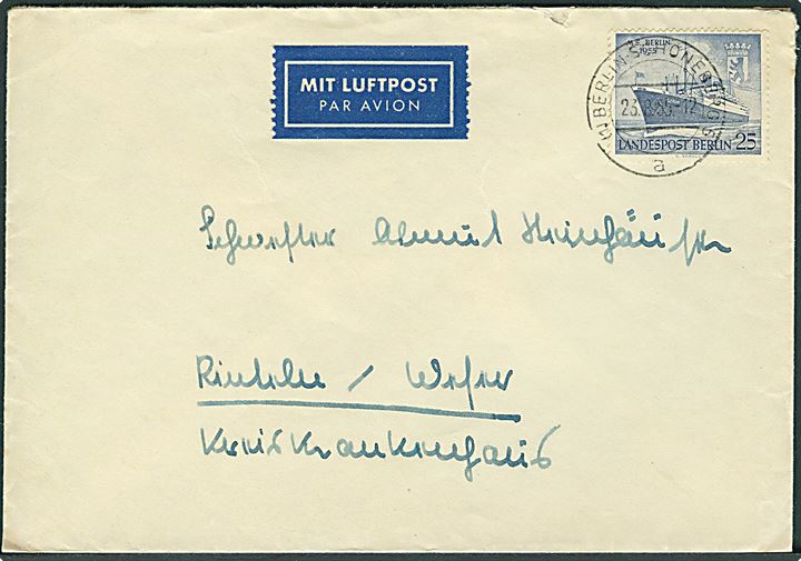 25 pfg. M/S Berlin single på indenrigs-luftpostbrev fra Berlin d. 23.8.1955 til Rinteln/Weser.