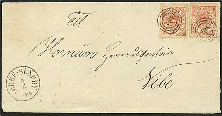 4 skilling krone/scepter på brev fra Nørresundby d. 8.6.1869 til Nibe, Nummerstempel 208.