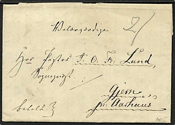 Præfilbrev fra Udby d. 17.3.1845 til Aarhus. Påskrevet 2 med blyant.