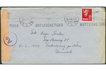 20 øre Løve på brev fra Tromsø d. 26.1.1944 til Århus, Danmark. Åbnet af tysk censur i Oslo med nettral banderole stemplet Ao. På bagsiden Postoblat.