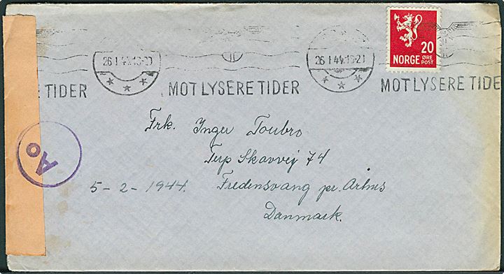 20 øre Løve på brev fra Tromsø d. 26.1.1944 til Århus, Danmark. Åbnet af tysk censur i Oslo med nettral banderole stemplet Ao. På bagsiden Postoblat.