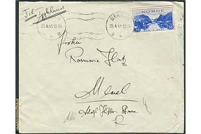 30 øre Turist udg. på brev fra Bergen d. 28.4.1941 til Memel, Tyskland. Åbnet af tysk censur i Berlin.