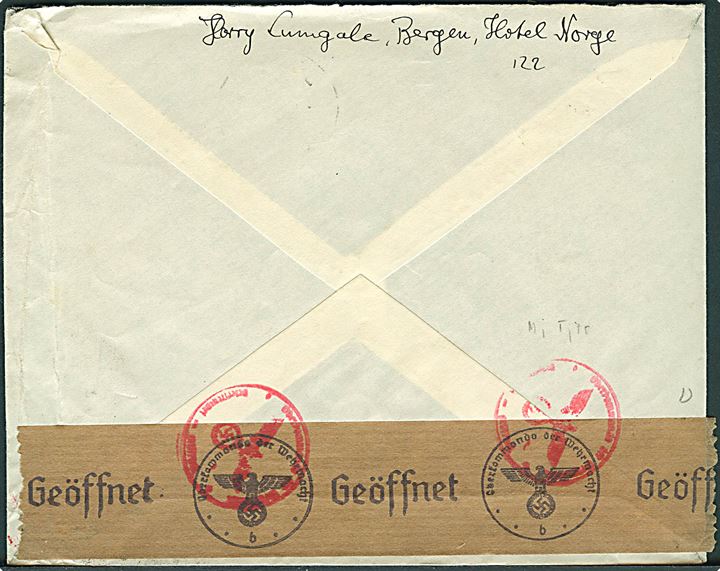 30 øre Turist udg. på brev fra Bergen d. 28.4.1941 til Memel, Tyskland. Åbnet af tysk censur i Berlin.