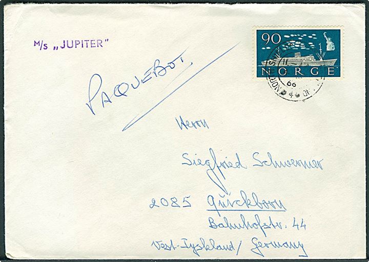 90 øre Skibsfart på skibsbrev annulleret med britisk stempel North Shields 4.4.1966 med håndskrevet Paquebot til Quickborn, Tyskland. Privat skibsstempel: M/S Jupiter.