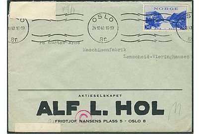 30 øre Turist udg. på brev fra Oslo d. 24.10.1940 til Ramscheid, Tyskland. Åbnet af tysk censur i Berlin.