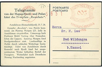 3 pfg. Hamburg-Amerika Linie på Telegram-kort med meddelelse fra Hapag Fjord- und Polarfahrt med S/S Resolut i Aandalsnæs d. 23.7.1928 fra Hamburg d. 24.7.1928 til Kassel.