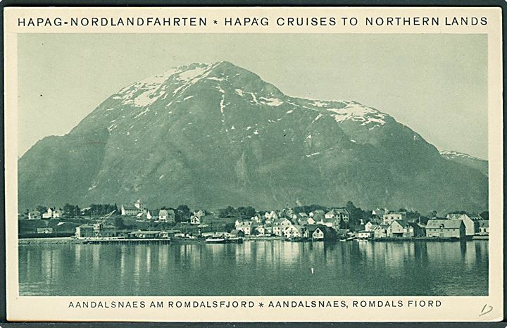 3 pfg. Hamburg-Amerika Linie på Telegram-kort med meddelelse fra Hapag Fjord- und Polarfahrt med S/S Resolut i Aandalsnæs d. 23.7.1928 fra Hamburg d. 24.7.1928 til Kassel.