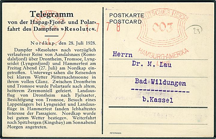 3 pfg. Hamburg-Amerika Linie på Telegram-kort med meddelelse fra Hapag Fjord- und Polarfahrt med S/S Resolut ved Nordkap d. 28.7.1928 fra Hamburg d. 28.7.1928 til Kassel.