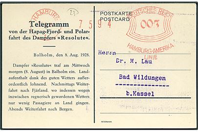 3 pfg. Hamburg-Amerika Linie på Telegram-kort med meddelelse fra Hapag Fjord- und Polarfahrt med S/S Resolut ved Balholm d. 8.8.1928 fra Hamburg d. 8.8.1928 til Kassel.