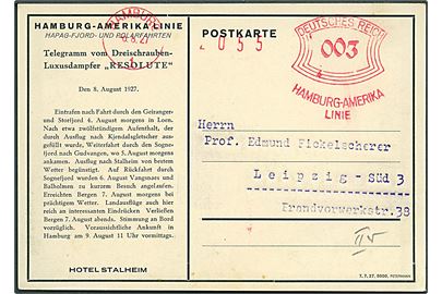 3 pfg. Hamburg-Amerika Linie på Telegram-kort med meddelelse fra Hapag Fjord- und Polarfahrt med S/S Resolut i Bergen d. 7.8.1927 fra Hamburg d. 8.8.1927 til Leipzig.