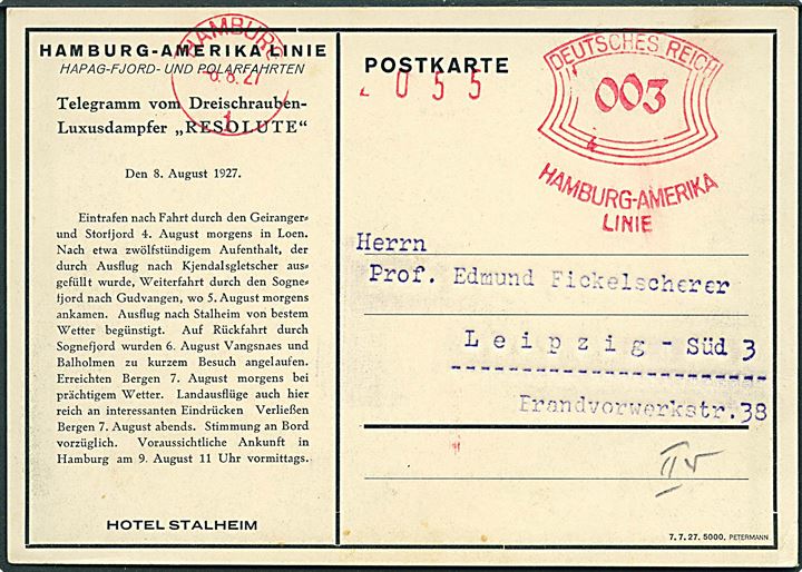 3 pfg. Hamburg-Amerika Linie på Telegram-kort med meddelelse fra Hapag Fjord- und Polarfahrt med S/S Resolut i Bergen d. 7.8.1927 fra Hamburg d. 8.8.1927 til Leipzig.
