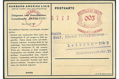3 pfg. Hamburg-Amerika Linie på Telegram-kort med meddelelse fra Hapag Fjord- und Polarfahrt med S/S Resolut ved Aandalsnes d. 22.7.1927 fra Hamburg d. 22.7.1927 til Leipzig.
