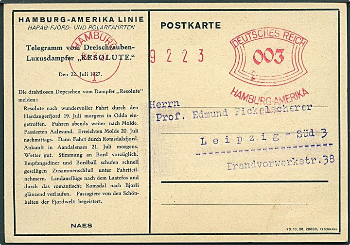 3 pfg. Hamburg-Amerika Linie på Telegram-kort med meddelelse fra Hapag Fjord- und Polarfahrt med S/S Resolut ved Aandalsnes d. 22.7.1927 fra Hamburg d. 22.7.1927 til Leipzig.