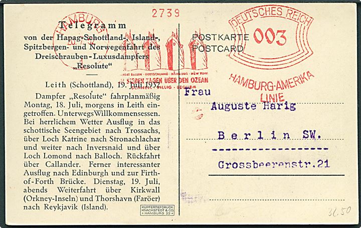 3 pfg. Hamburg-Amerika Linie på Telegram-kort med meddelelse fra Hapag Fjord- und Polarfahrt med S/S Resolute i Leith d. 19.7.1932 fra Hamburg d. 20.7.1932 til Berlin.