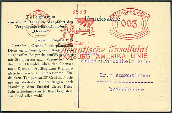 3 pfg. Hamburg-Amerika Linie på Telegram-kort med meddelelse fra Hapag Nordkapfahrt med S/S Oceana i Loen d. 1.8.1933 fra Hamburg d. 2.8.1933 til Magdeburg.