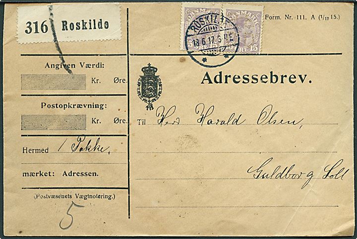 15 øre Chr. X i parstykke med perfin D.D.S.F. på adressebrev for pakke fra De Danske Spritfabrikker i Roskilde d. 18.6.1917 via Nørre-Alslev til Guldborg Lolland.