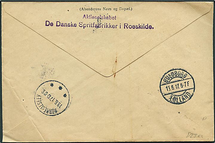 15 øre Chr. X i parstykke med perfin D.D.S.F. på adressebrev for pakke fra De Danske Spritfabrikker i Roskilde d. 18.6.1917 via Nørre-Alslev til Guldborg Lolland.
