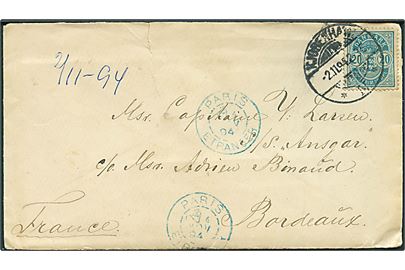 20 øre Våben på brev fra Kjøbenhavn d. 2.11.1894 til kaptajn Larsen ombord på S/S Ansgar i Bordeaux, Frankrig.