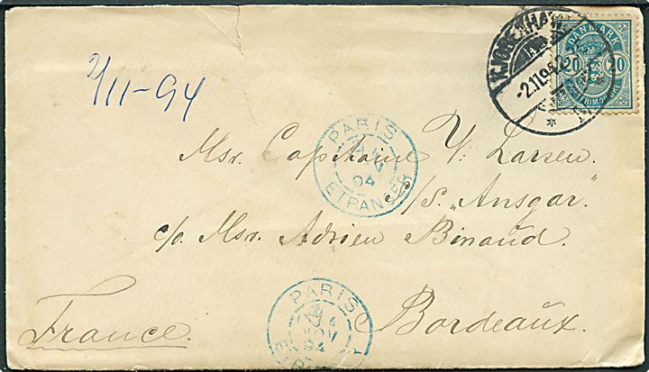 20 øre Våben på brev fra Kjøbenhavn d. 2.11.1894 til kaptajn Larsen ombord på S/S Ansgar i Bordeaux, Frankrig.