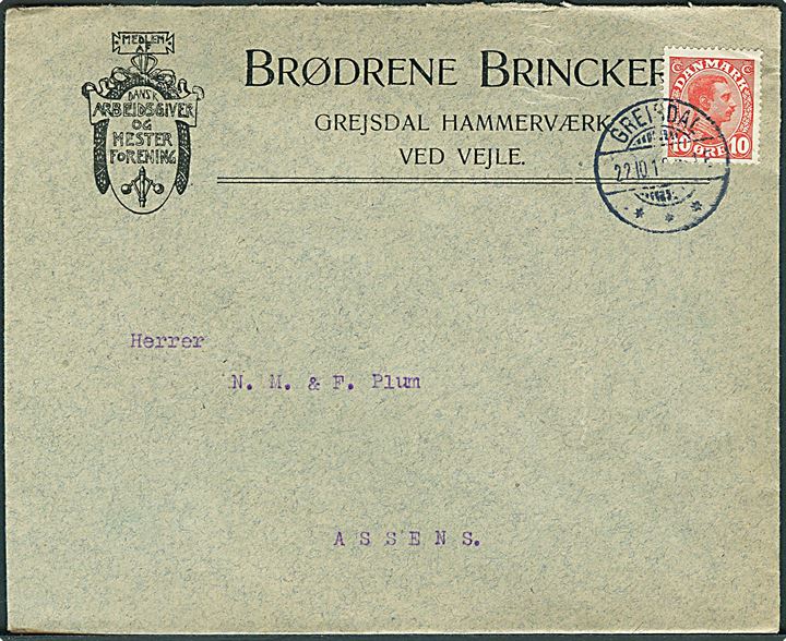 10 øre Chr. X på brev annulleret med brotype Ia Greisdal d. 22.10.1913 til Assens.