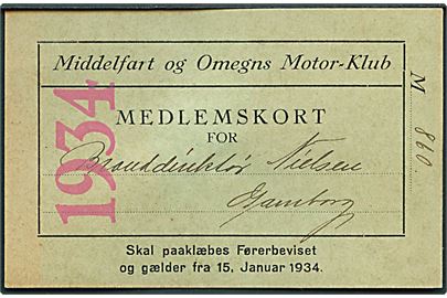 Medlemskort til Middelfart og Omegns Motor-Klub for 1934.