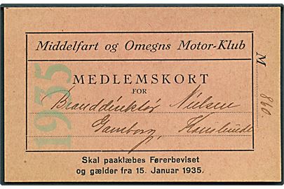 Medlemskort til Middelfart og Omegns Motor-Klub for 1935.