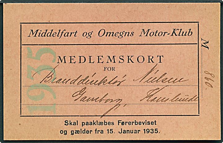 Medlemskort til Middelfart og Omegns Motor-Klub for 1935.