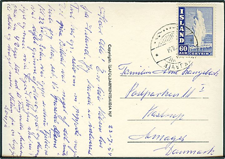 60 aur Geysir på brevkort (Vestmannaøerne) fra Reykjavik d. 23.7.1954 til Kastrup, Danmark.