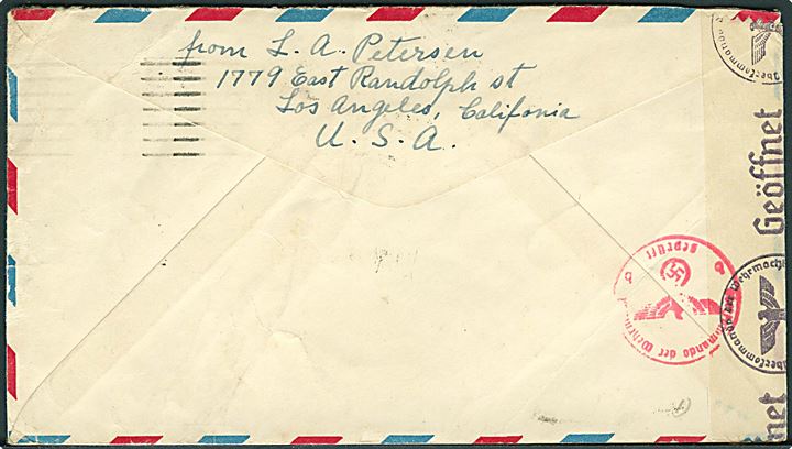 6 cents luftpost helsagskuvert opfrankeret med 12 cents Taylor i parstykke fra Los Angeles d. 20.11.1941 til Svendborg, Danmark. Åbnet af tysk censur i Berlin.