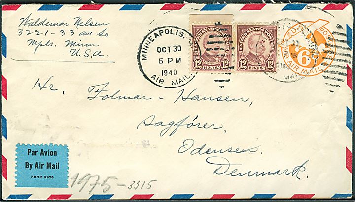 6 cents luftpost helsagskuvert opfrankeret med 12 cents Cleveland (2) fra Minneapolis d. 30,10,1940 til Odense, Danmark. Åbnet af tysk censur i München.