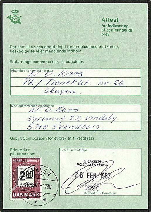 2,80 lilla/sort Forbrugerrådet på attest fra Skagen d. 26.2.1987 til Svendborg.
