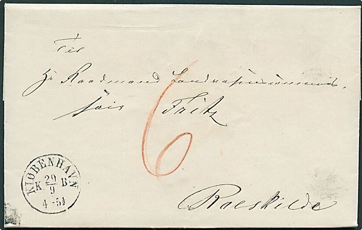 1863. Portobrev med fuldt indhold fra Kjøbenhavns Magistrat med antiqua Kiøbenhavn KB d. 29.9.1863 til Roskilde. Påskrevet 6 sk. porto.