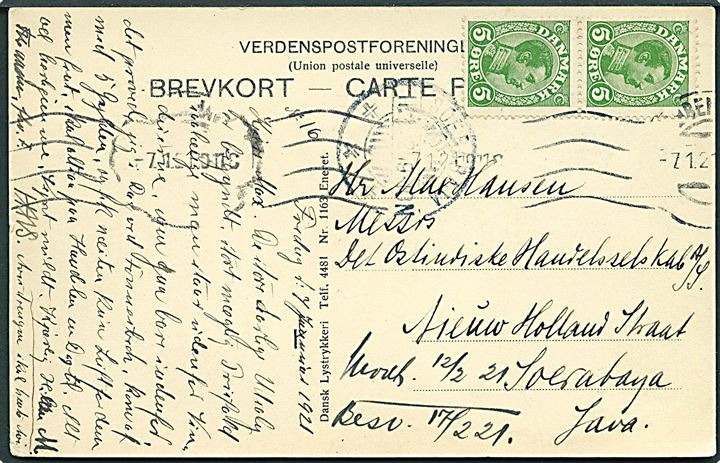 5 øre Chr. X i parstykke på brevkort (København, Østre Anlæg) fra København d. 7.1.1921 til Soerabaja, Java, Hollandsk Ostindien.