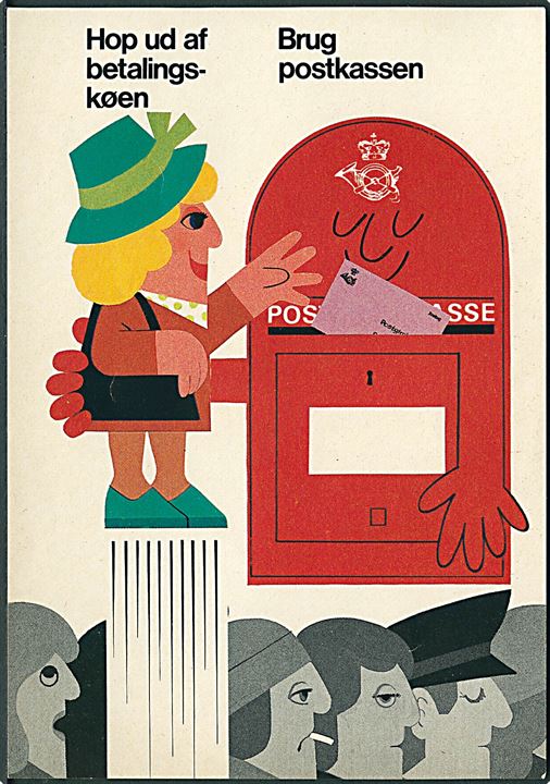 Hop ud af betalingskøen - Brug postkassen. Lille reklame for postgirokonto. Uden årstal.