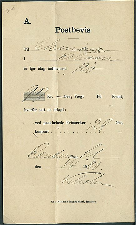 Postbevis for afsendelse af postanvisning fra Randers d. 1.4.1890 til København.