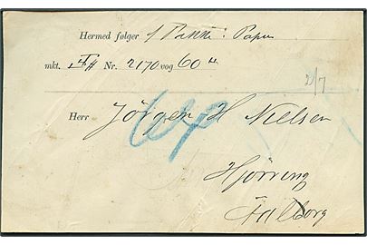 1871. Fragtbrev for forsendelse af pakke fra Kjøbenhavn d. 17.10.1871 via Aalborg til Hjørring.