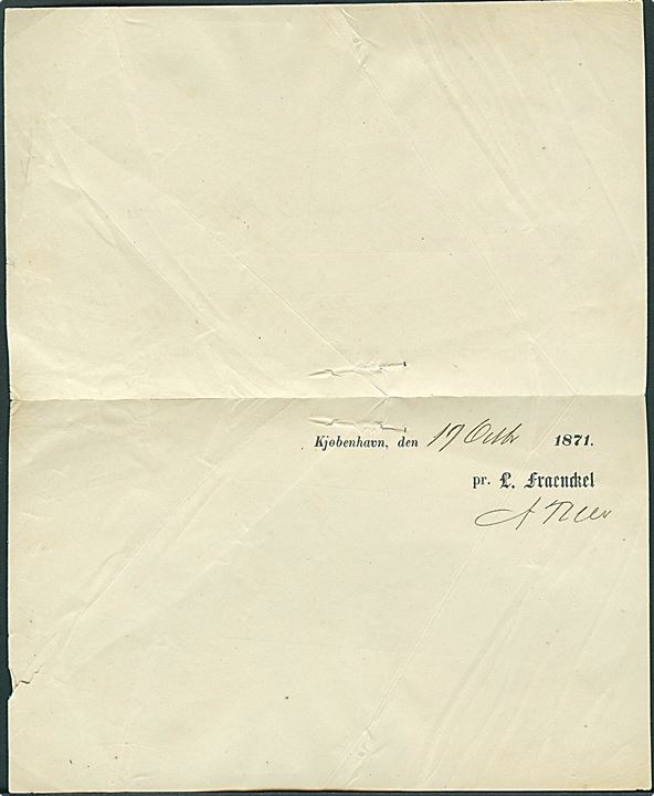1871. Fragtbrev for forsendelse af pakke fra Kjøbenhavn d. 17.10.1871 via Aalborg til Hjørring.